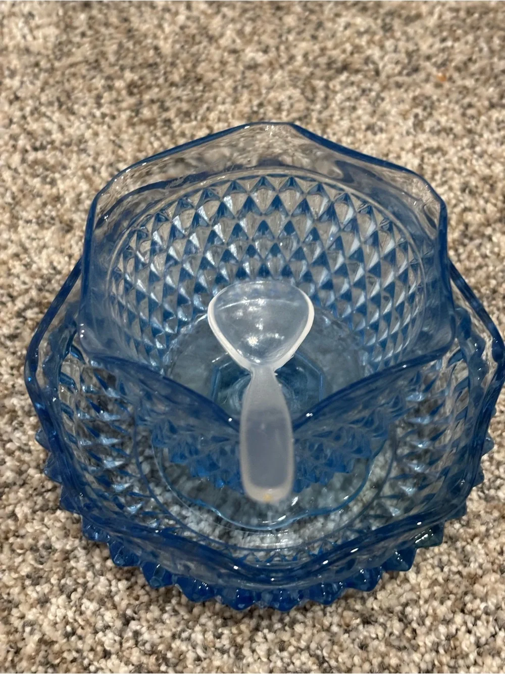 Vintage Indiana Glass Regal Blue Diamond Point Mayonnaise Bowl & Under plate Set